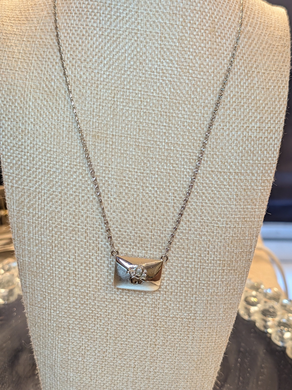 Nina Ricci Silver Envelope Pendant Necklace with Clear Crystal NWT